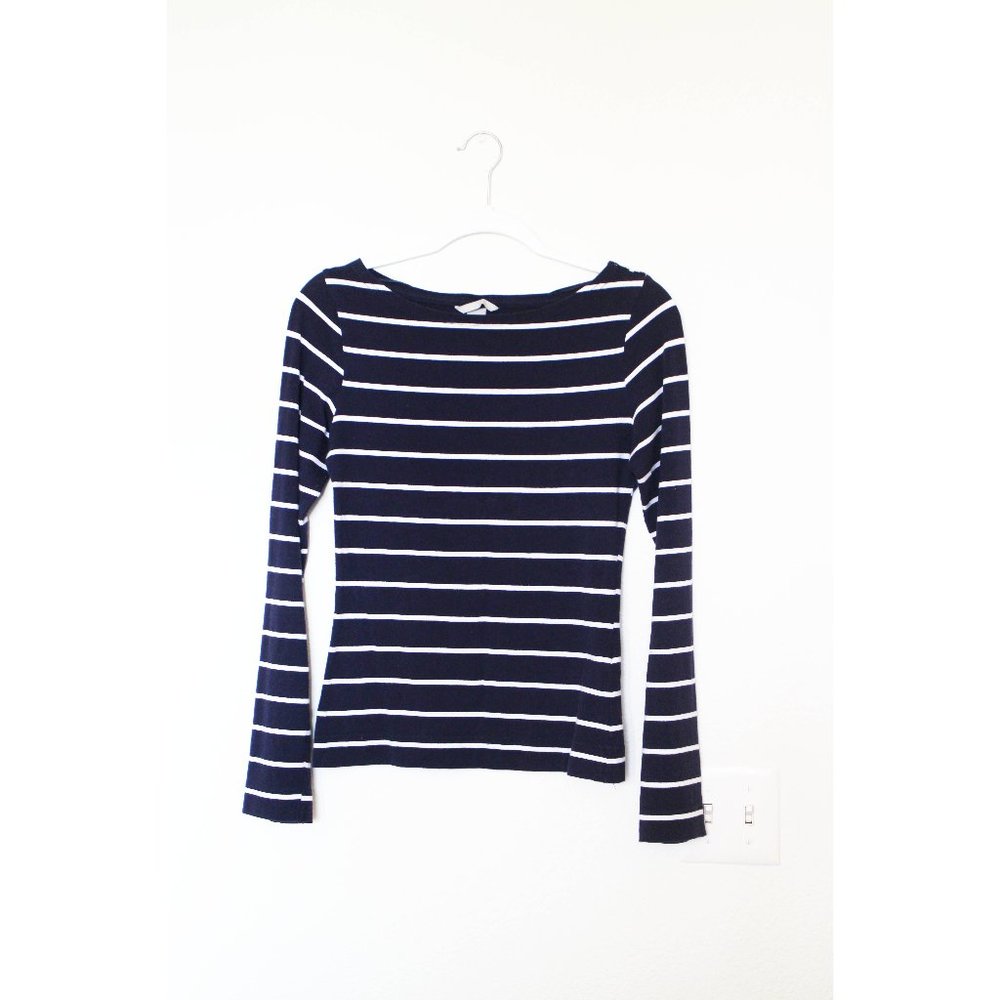 H&M Navy Blue White Striped Nautical Long Sleeve Top T-Shirt Size M